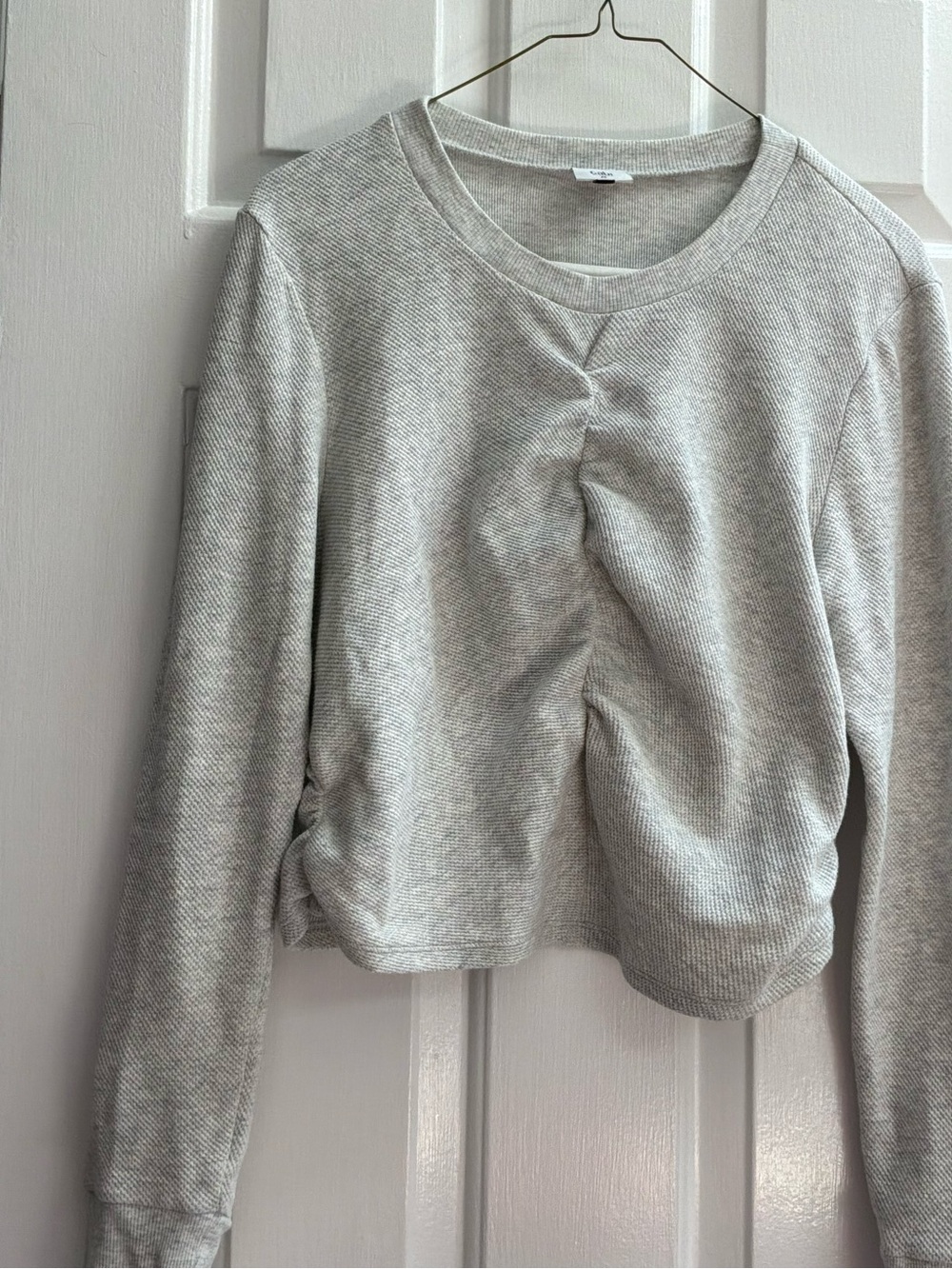 CAbi Light Gray Long Sleeve Ruched Front and sides size M